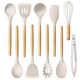HaWare slotted turner with wooden handle for gentle flipping on non-stick pans.