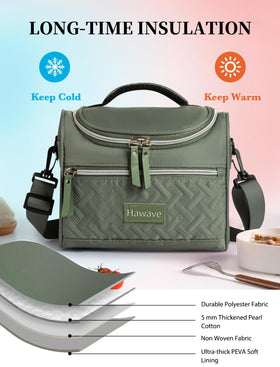 Hawave insulated lunch bag with adjustable shoulder strap for hands-free carrying.
