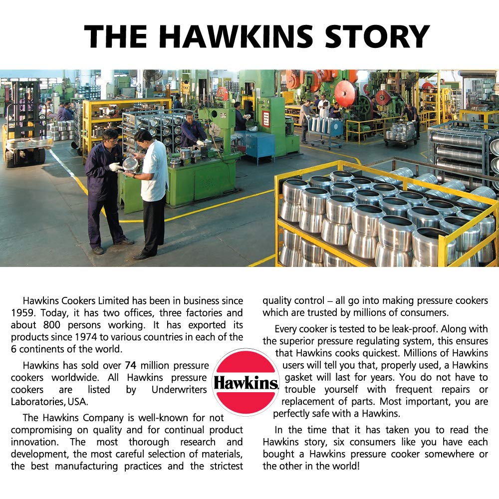 Hawkins stainless steel body stays bright, resists pitting, and cleans easily.