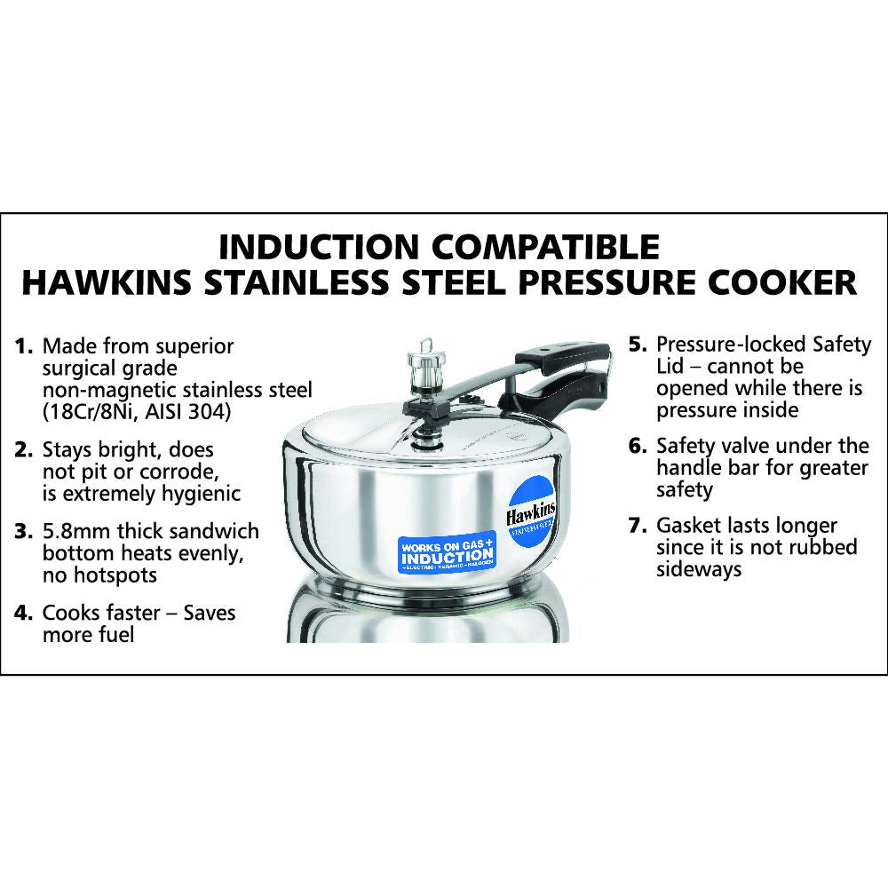 Hawkins 3 Litre cooker with extra-thick sandwich bottom for even heating.
