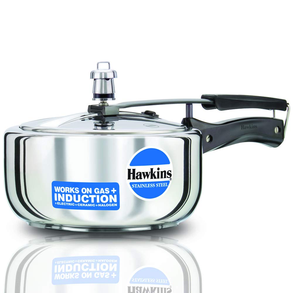 Hawkins 3 Litre inner lid cooker in stainless steel, hygienic and durable for daily meals.