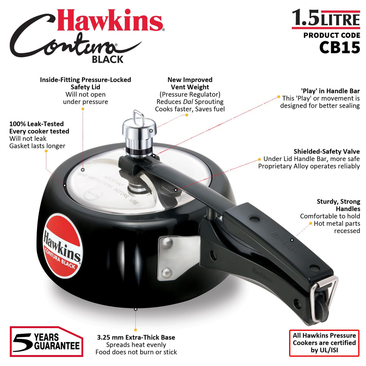 HAWKINS Contura Black 1.5L easy cleaning — non-reactive surface stays spotless.