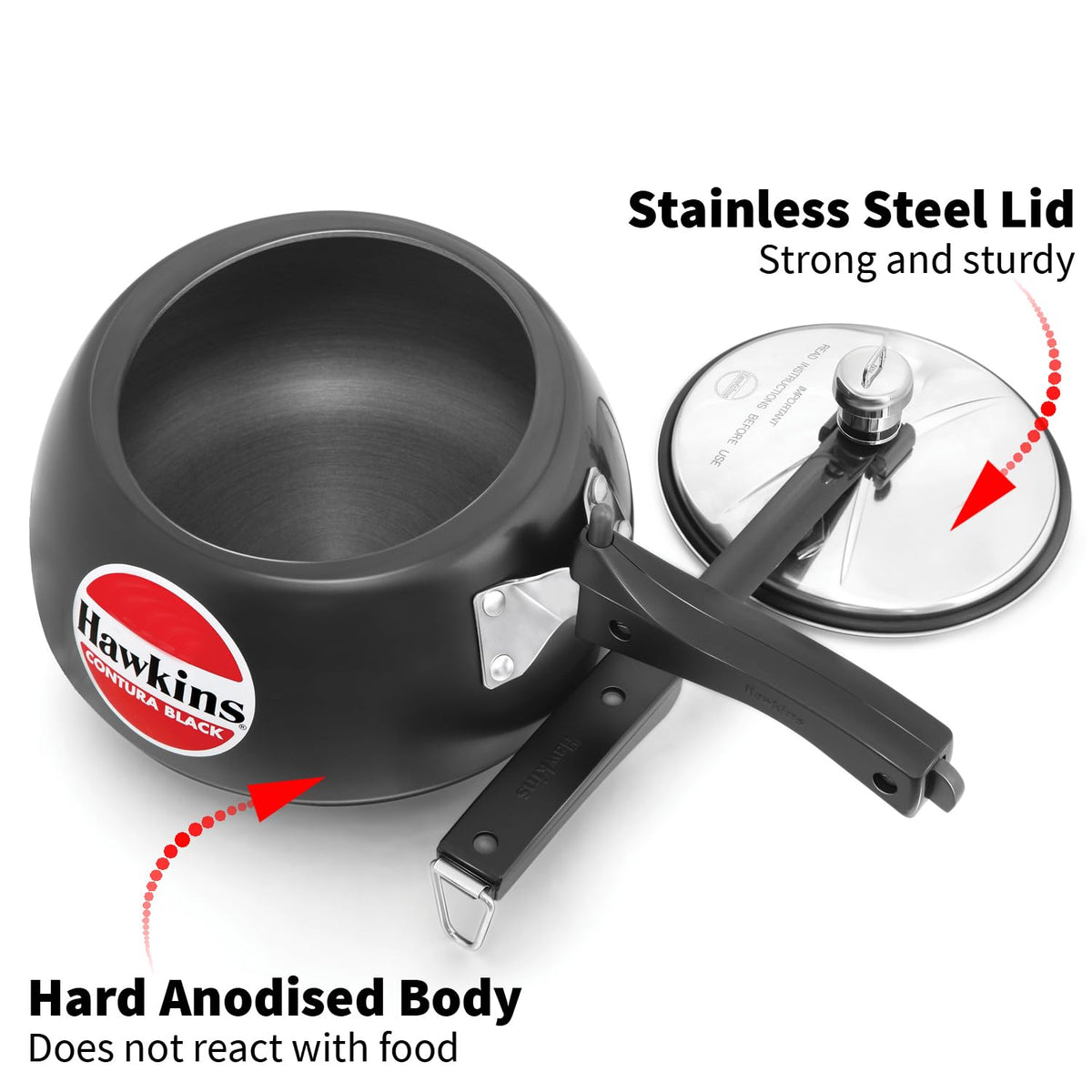 HAWKINS Contura Black 1.5L handle — comfortable grip during operation.