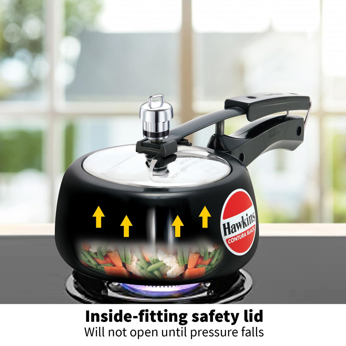 HAWKINS Contura Black 1.5L safety lid — opens only after pressure falls.