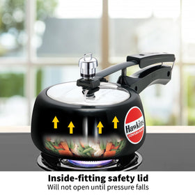 HAWKINS Contura Black 1.5L safety lid — opens only after pressure falls.