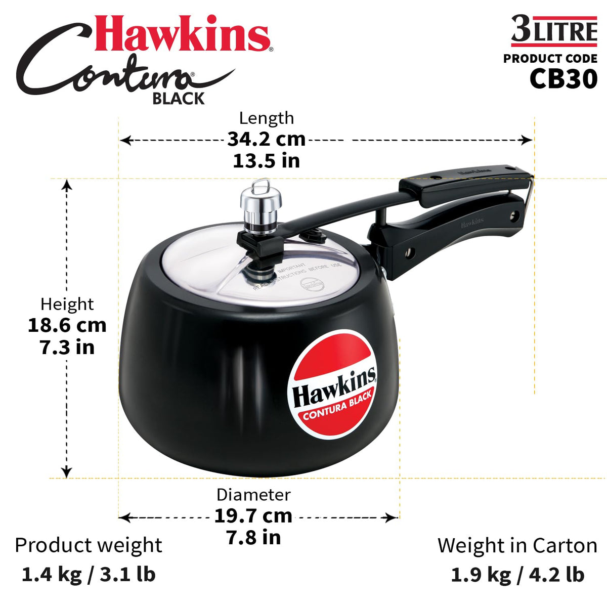 HAWKINS Contura Black ergonomic handle design for easy lifting.
