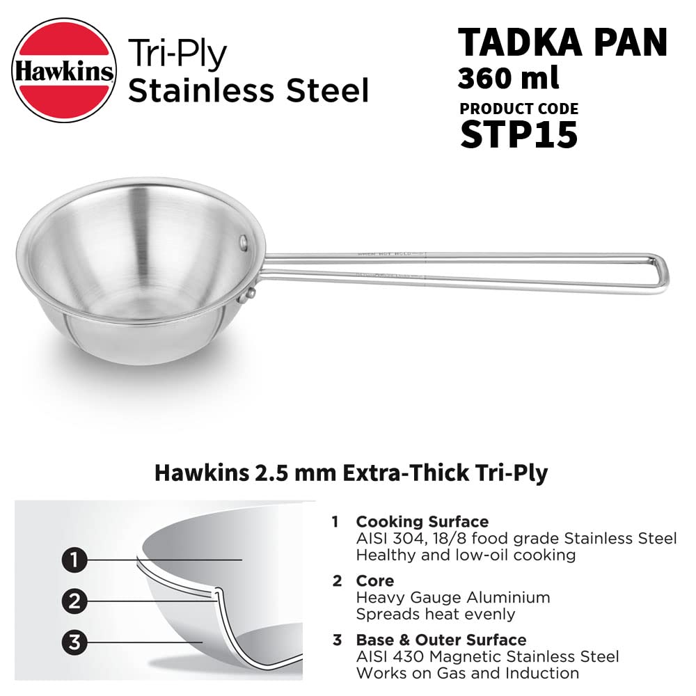 Hawkins Tadka Pan 360 ml side view showing sturdy construction.