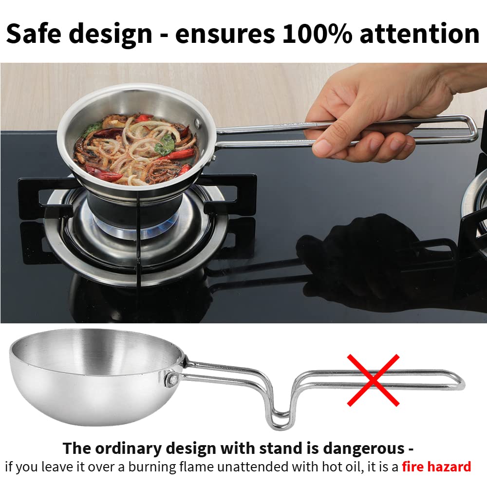 Hawkins Tadka Pan pouring rim for controlled serving of hot spices.