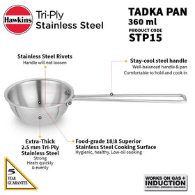 Hawkins Tadka Pan tri-ply body close-up for even heat distribution.