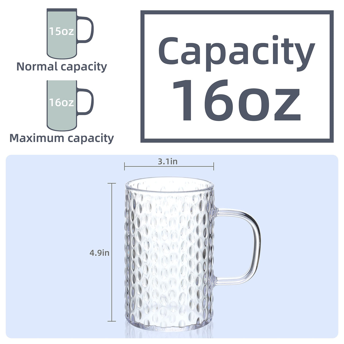 Close-up of Hawnn clear plastic mug with ergonomic handle for secure grip.