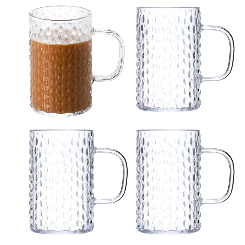 Hawnn coffee mugs set of four, clear 16oz with ergonomic handles for comfortable sipping.