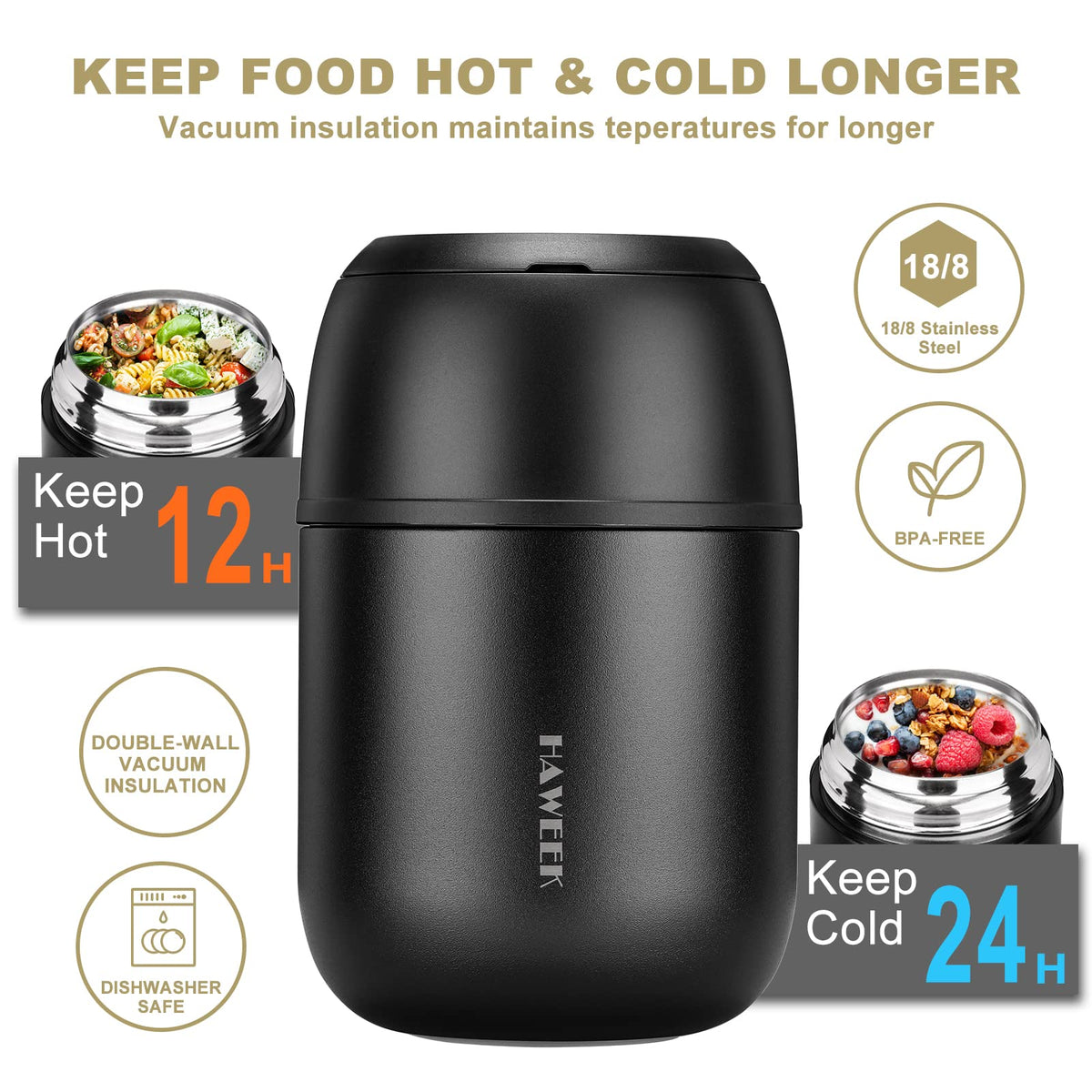 HAWEEK insulated soup thermo leak-proof cap prevents spills during travel.