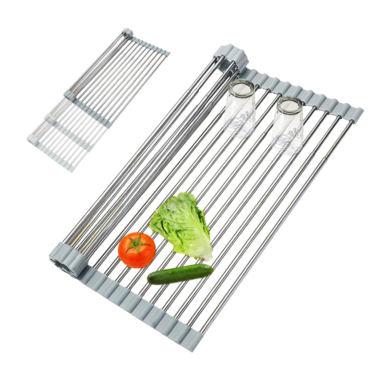 HAYAWEY expandable dish rack over sink in silver for space-saving drying