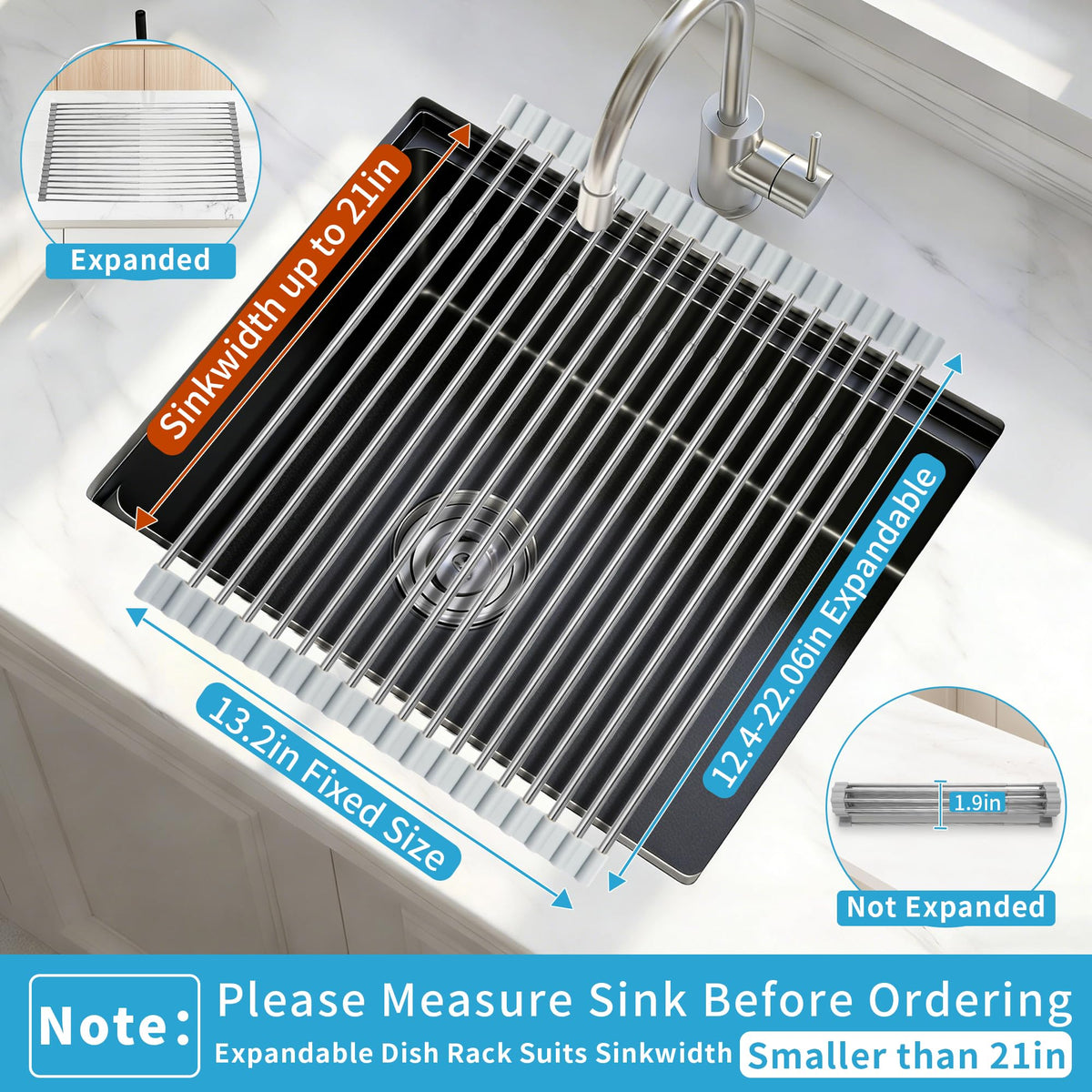 HAYAWEY rack extended to 22 inches in length for larger sinks