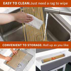 HAYAWEY Roll-up rack dries utensils, bowls, and cutting boards.