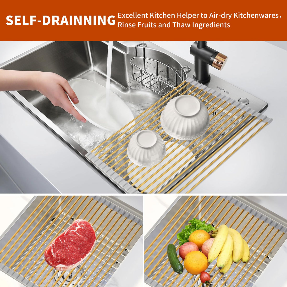 HAYAWEY Gold finish dish drainer adds modern kitchen style.
