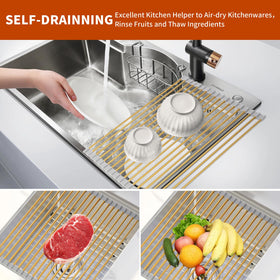 HAYAWEY Gold finish dish drainer adds modern kitchen style.