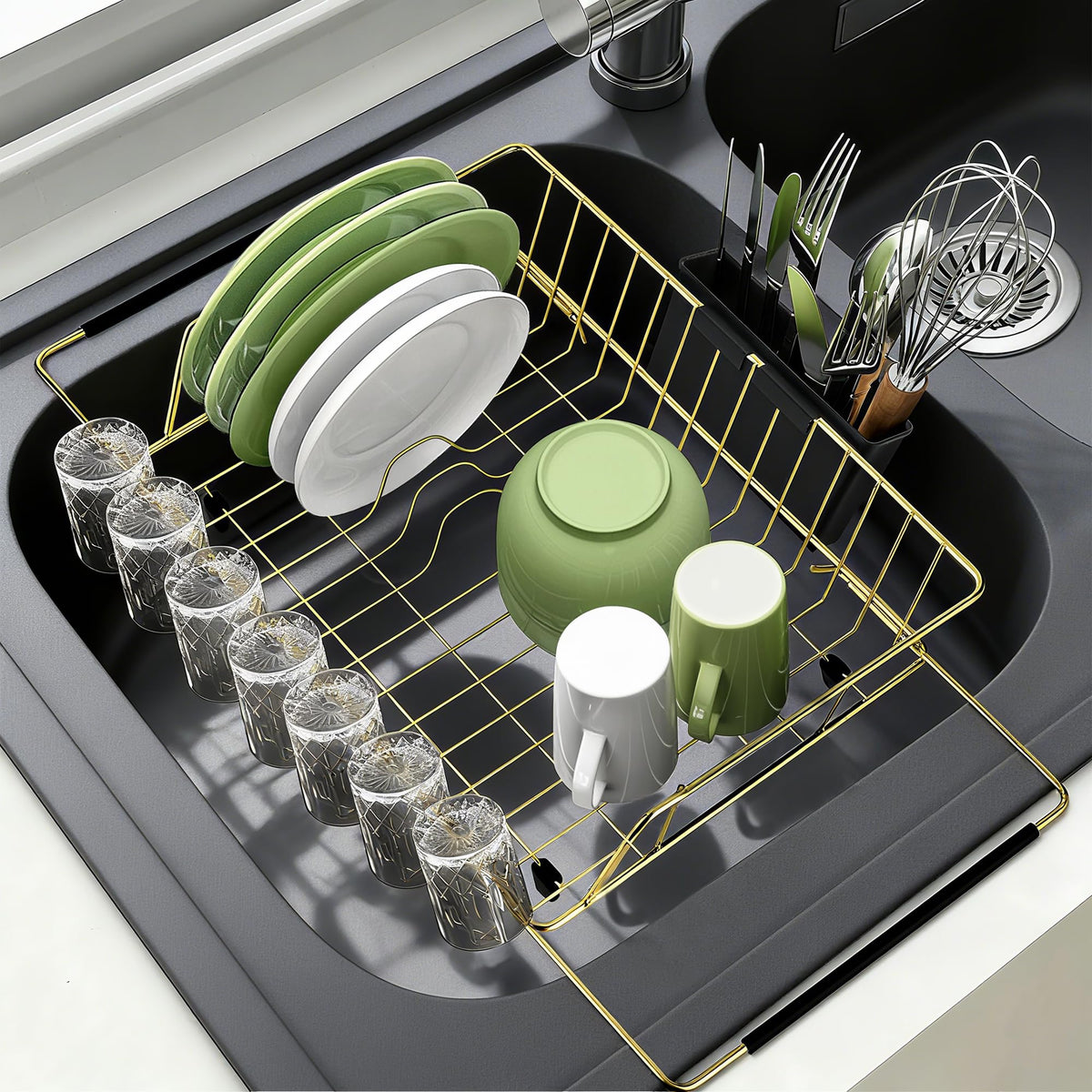 HAYAWEY golden expandable dish rack over sink showing space-saving design.