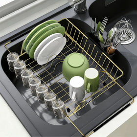 HAYAWEY golden expandable dish rack over sink showing space-saving design.