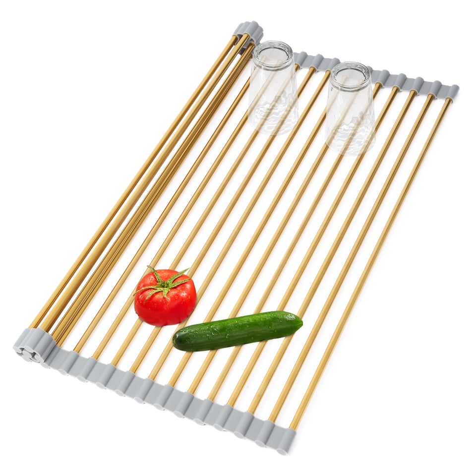 HAYAWEY Golden Roll-Up Rack over the sink for space-saving drying.