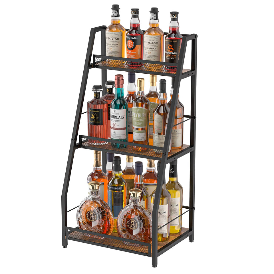Hayexiha 3-tier liquor stand front view showing accessible bottle tiers and display.