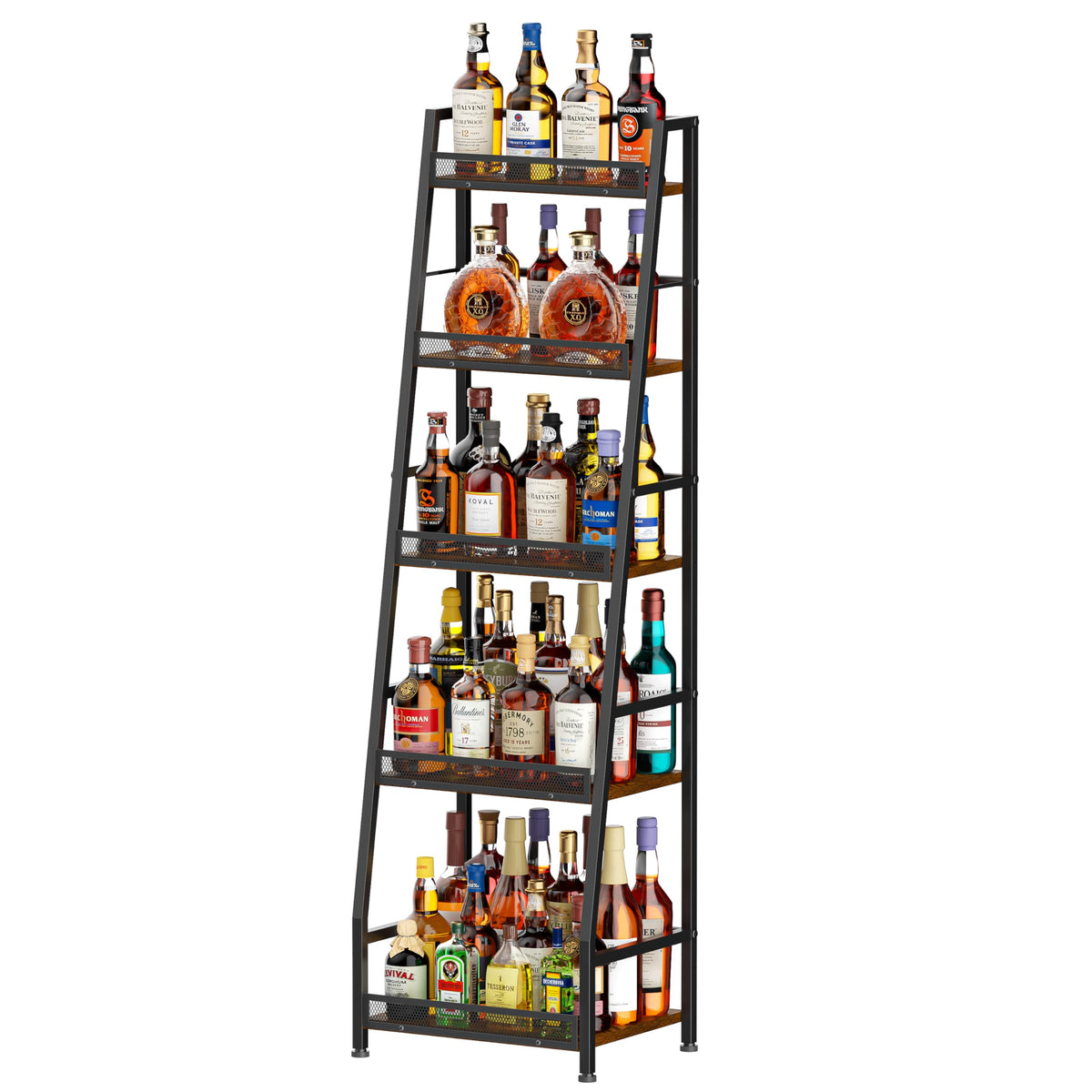 Hayexiha 5-tier trapezoid stand displaying bottles with easy visibility and access.