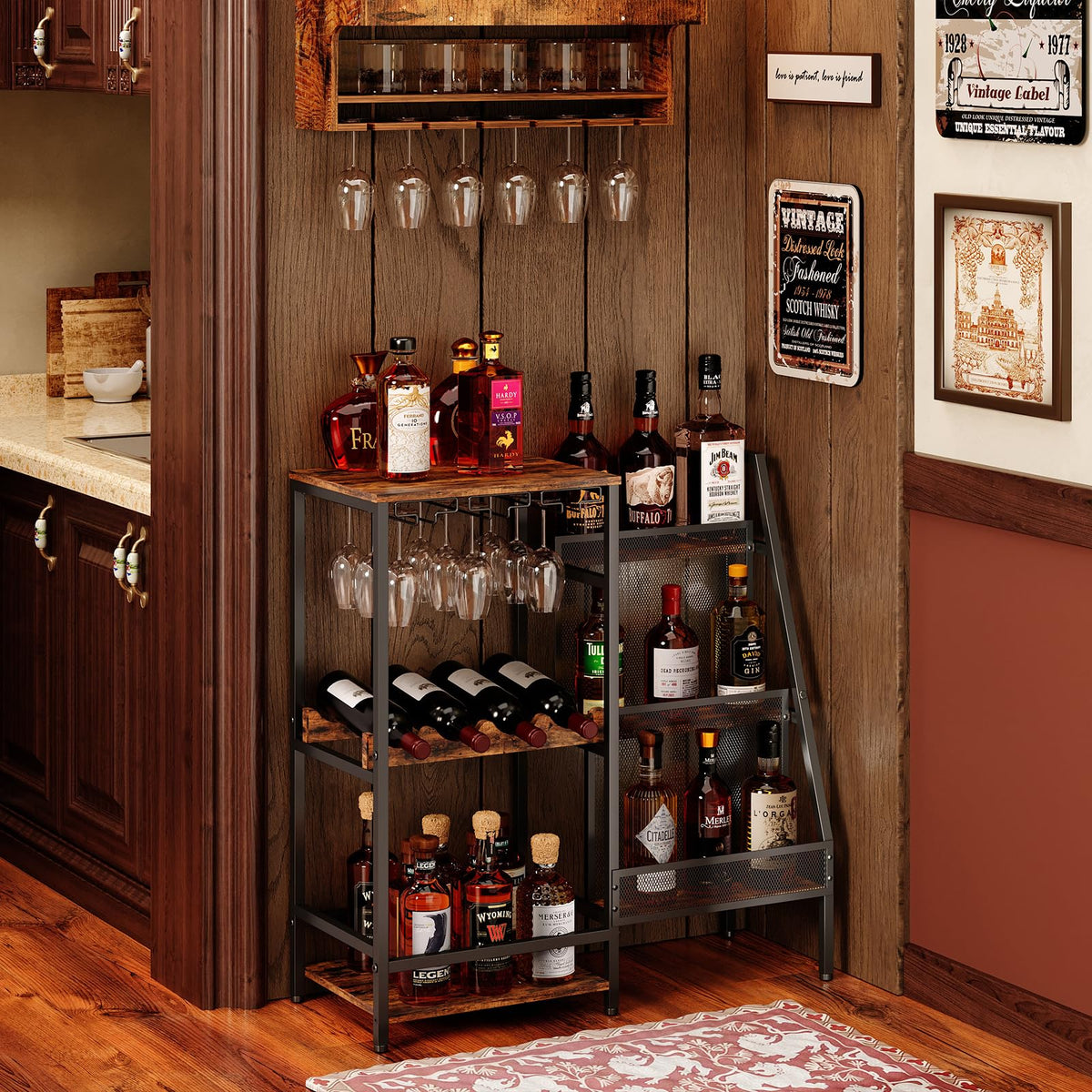 Hayexiha versatile liquor stand front view with bottles and mesh