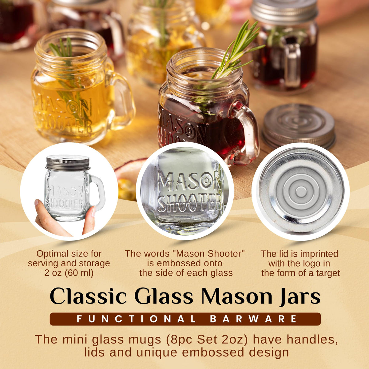 Hayley Cherie 2oz mason shooter jars with handles for easy sipping