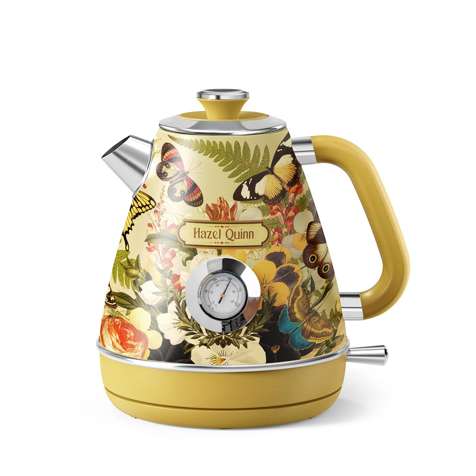 Hazel Quinn electric kettle front view with floral pattern for stylish, fast-hot-water brewing