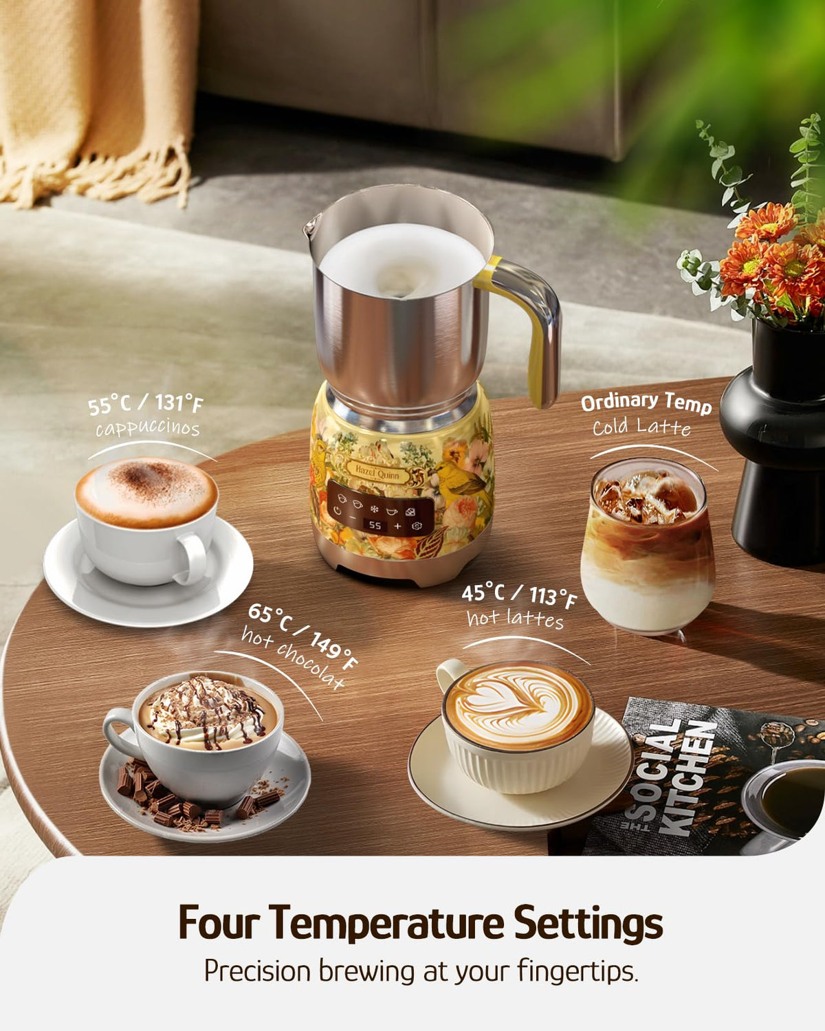 Hazel Quinn Milk Frother five-in-one options for foam, heat, and cocoa