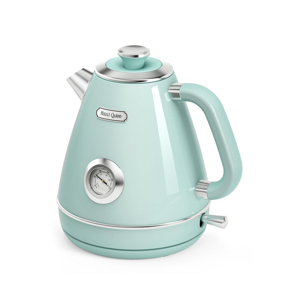 Hazel Quinn retro electric kettle full view in mint green with 1.7L capacity for family tea.