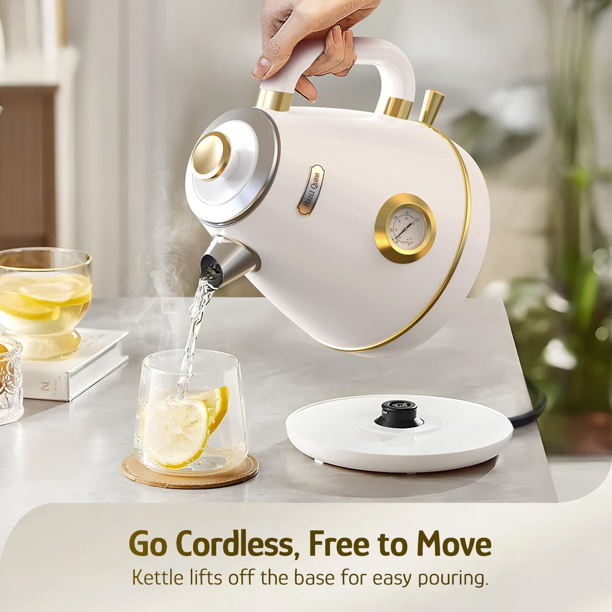 Hazel Quinn Retro Kettle LED button for one-touch operation.
