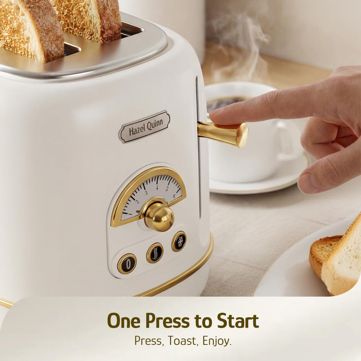 Hazel Quinn toaster fits bagels and thick slices for versatile toasting.