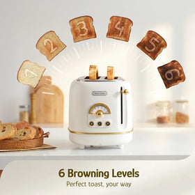 Hazel Quinn toaster control knob showcasing six browning levels for customized toast.