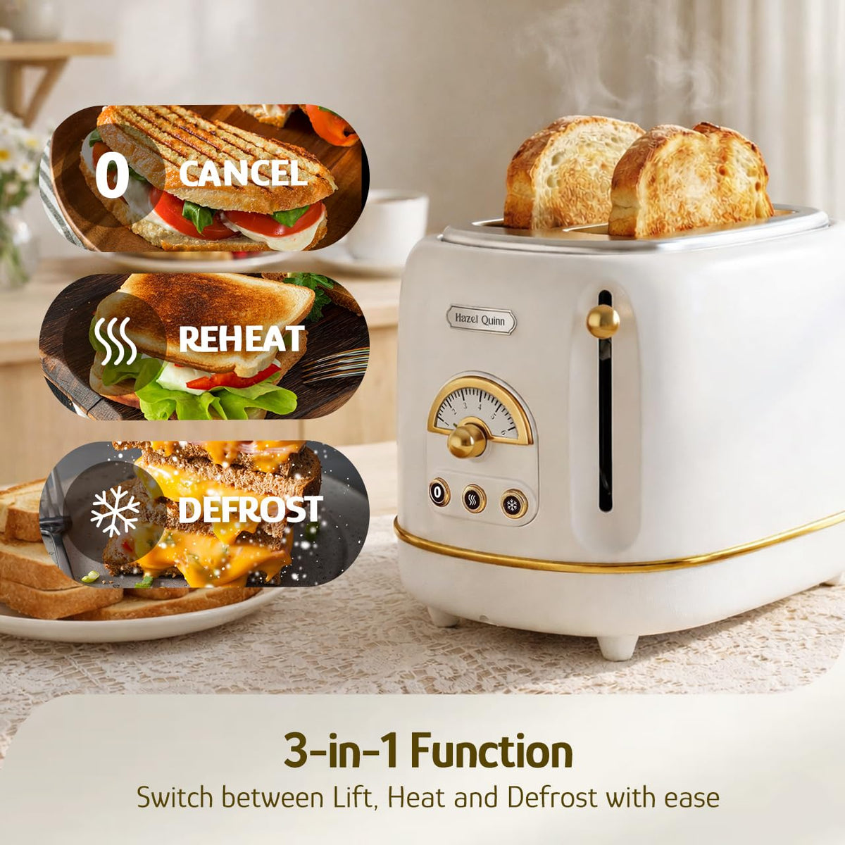 Hazel Quinn toaster slot bread 1.5-inch wide fits bagels and thick slices.