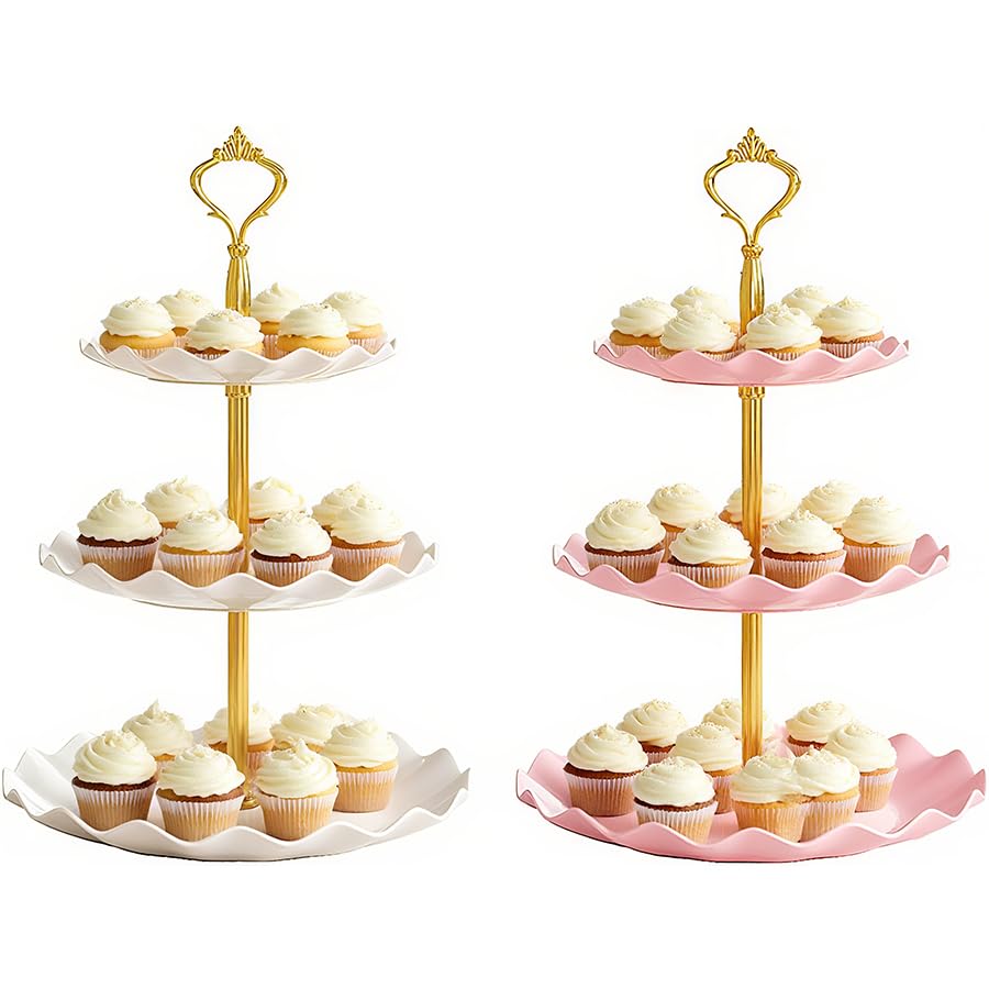 Hazyore 2-Piece 3-Tier Cupcake Stand, white-pink ensemble, for elegant party displays.
