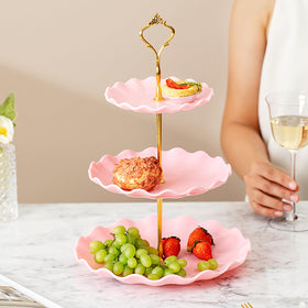Hazyore three-tier dessert display with open trays for cupcakes and fruit.