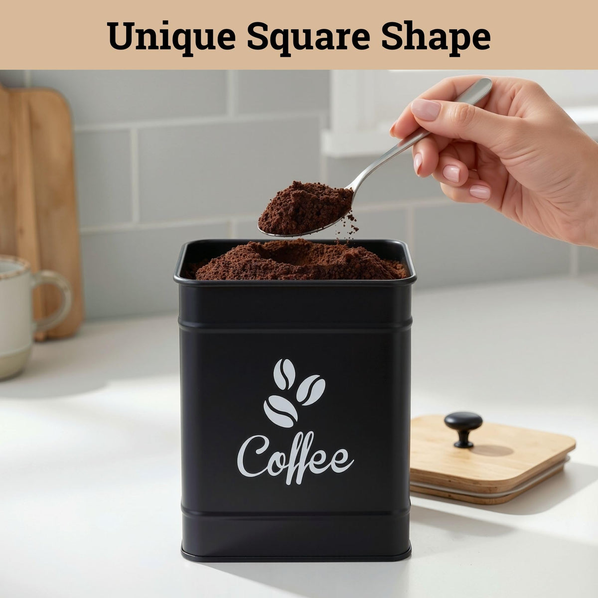 HB Design Co 40 oz capacity ideal for beans, grounds, or pods.