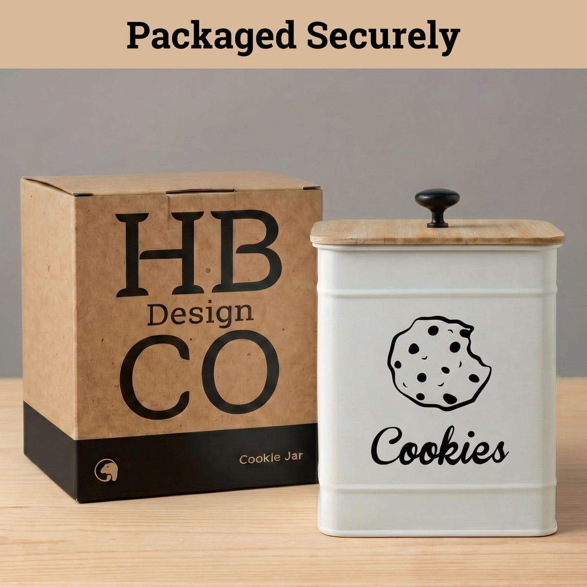 HB Design Co bamboo lid cookie jar blends with modern kitchen style.
