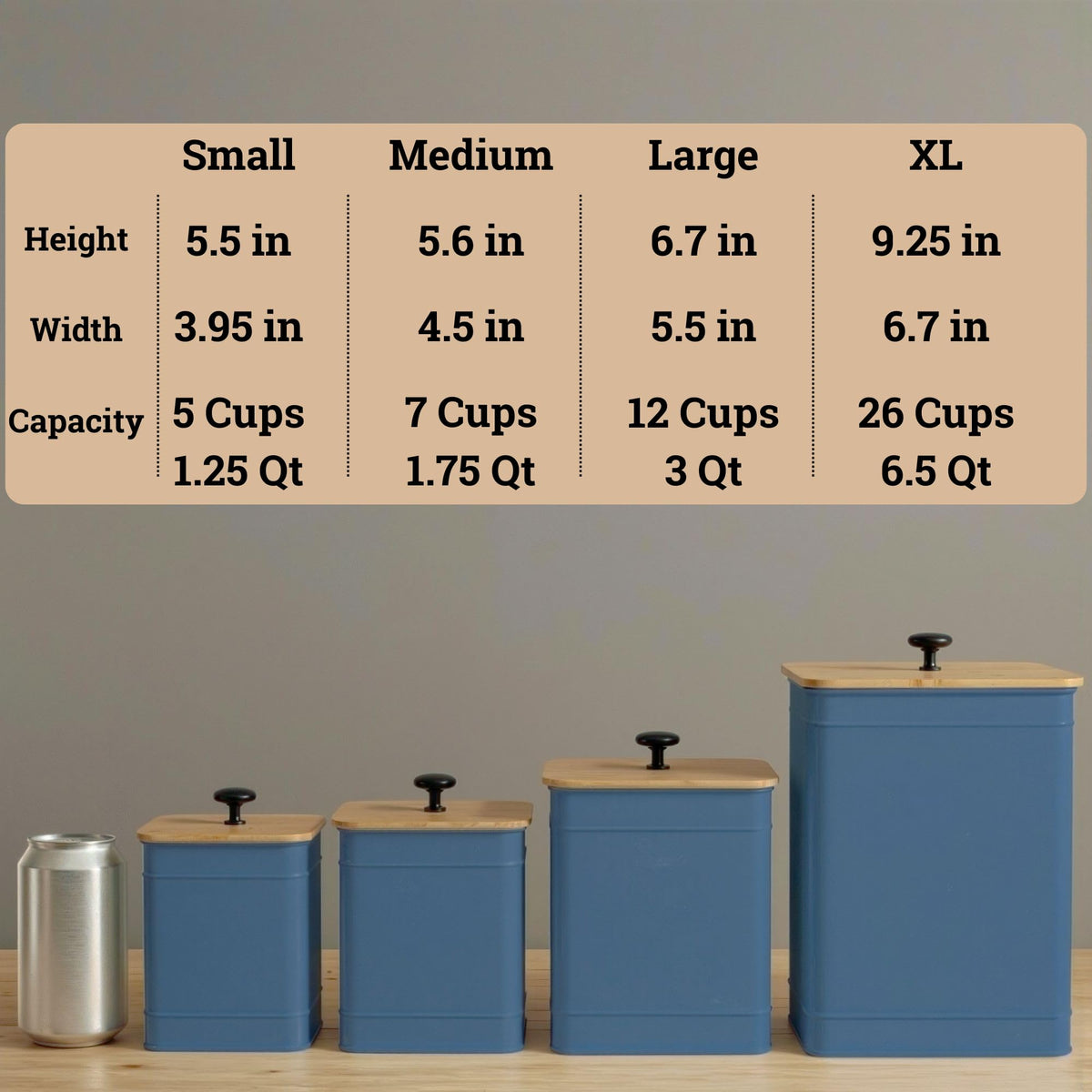 HB Design Co. blue canisters complement farmhouse and modern decor.