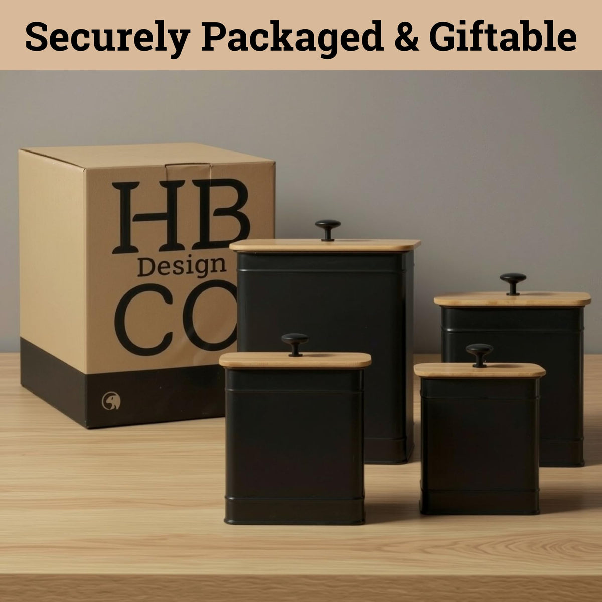 HB Design Co canisters neatly arranged on counter for display and access