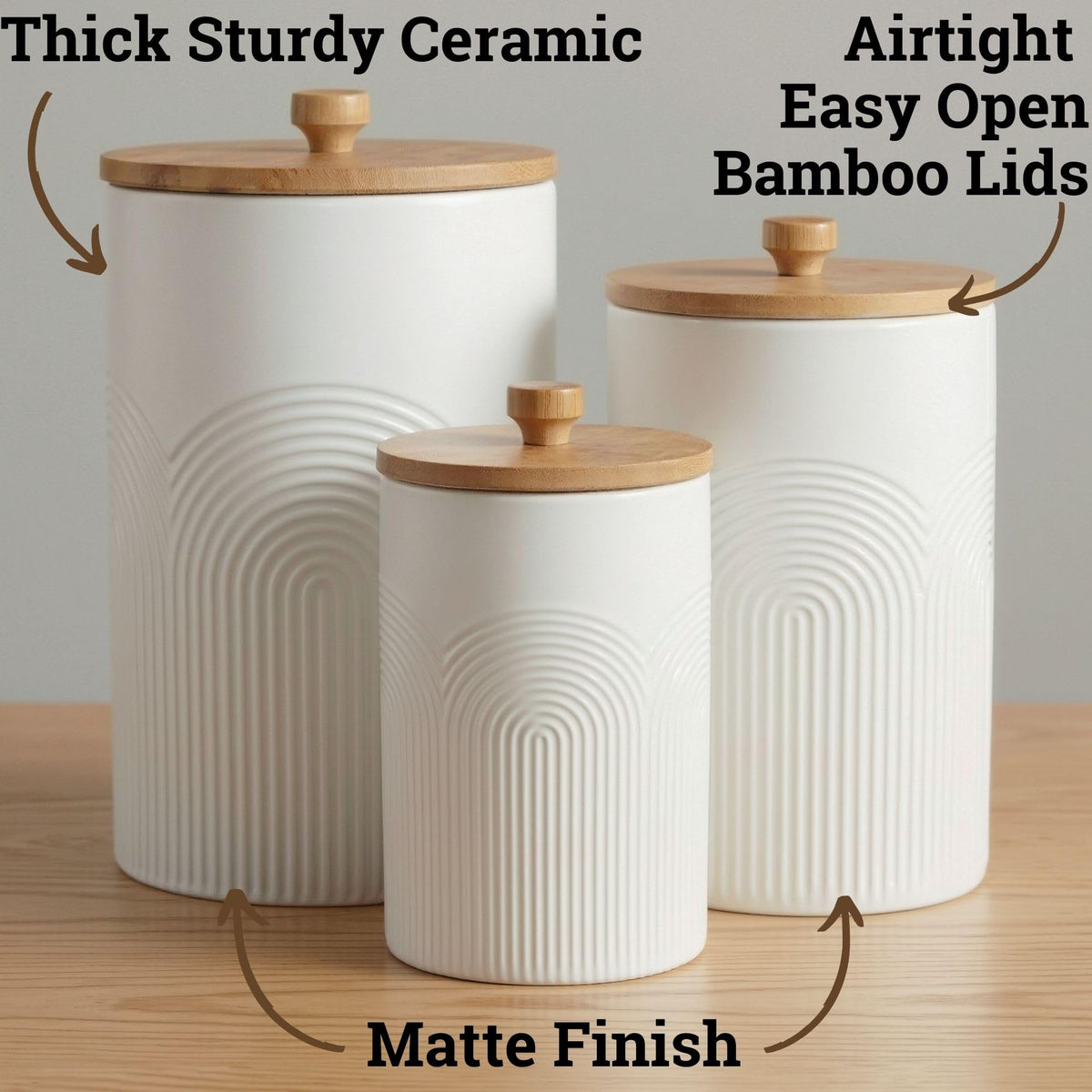 HB Design Co ceramic canisters with wide mouths for easy measuring and filling.