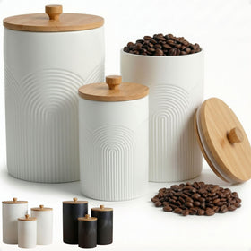 HB Design Co ceramic canisters set of three on countertop for organized storage.