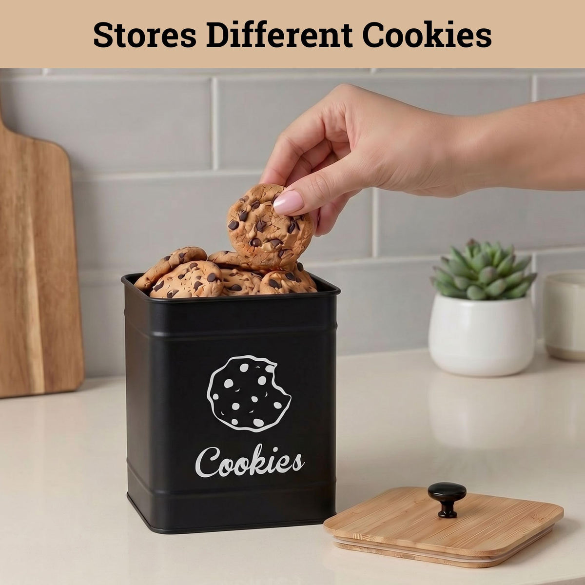 HB Design Co countertop storage keeps cookies reachable while adding farmhouse flair.