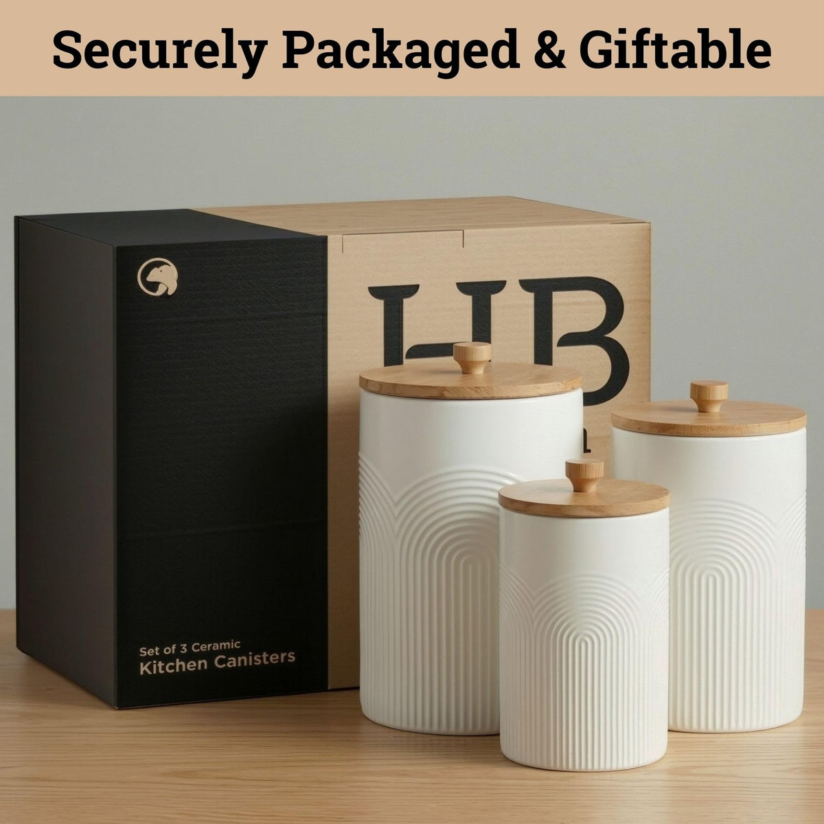 HB Design Co canisters suitable for cookies, snacks, and other kitchen essentials.