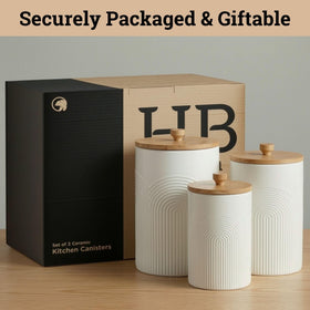 HB Design Co canisters suitable for cookies, snacks, and other kitchen essentials.