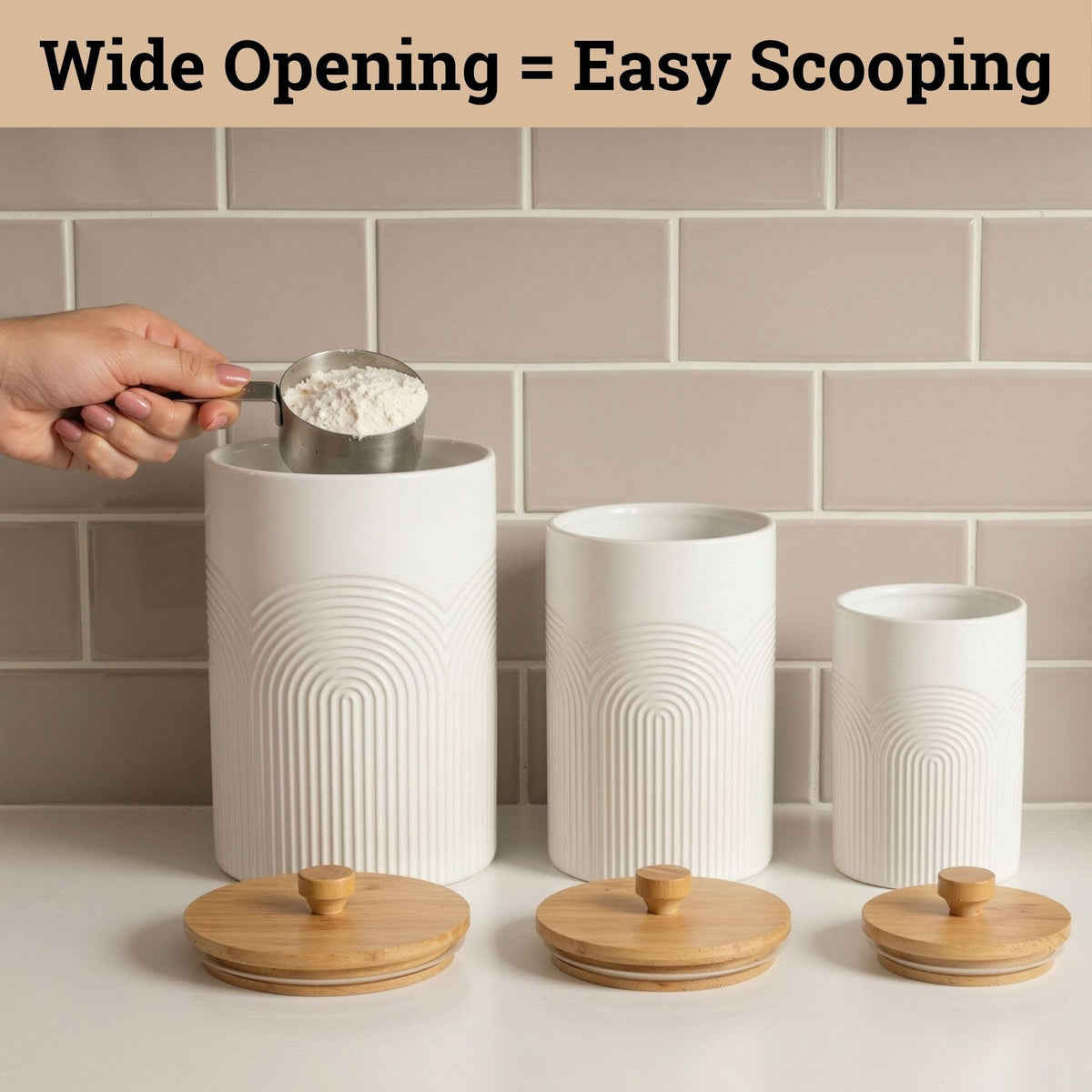 HB Design Co white matte ceramic canisters complement farmhouse and modern kitchens.