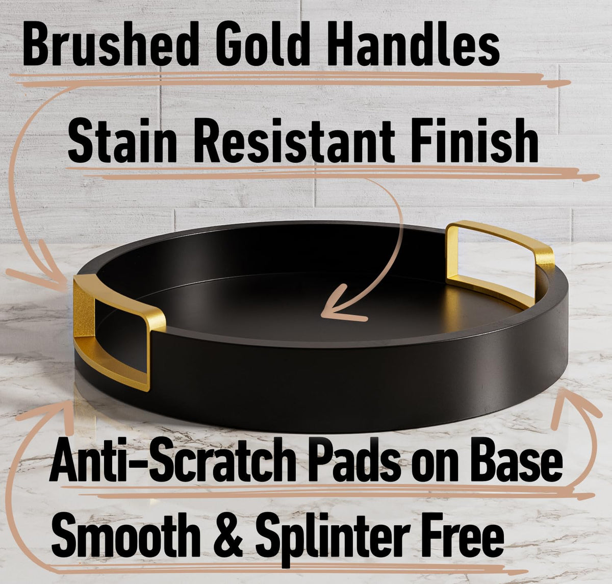 HB Design Co stain-resistant round tray with gold handles for versatile decor