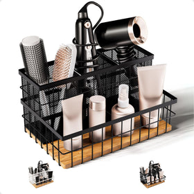 HB Design Co hair tool organizer on countertop with bamboo base for neat styling setup.