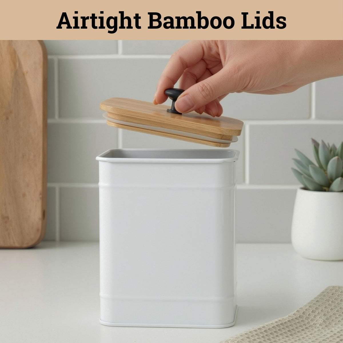 Matte white finish with bamboo lids complements modern and rustic kitchens